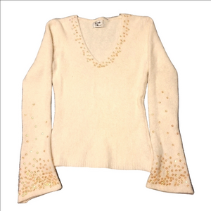 Vintage BONNIE and BILL Angora Wool Cozy V-Neck Sweater Sequins Long Sleeves